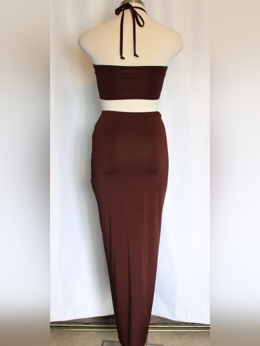 SHEIN Brown Ruched Halter 2 Piece Set XS Split Skirt - Picture 2 of 7